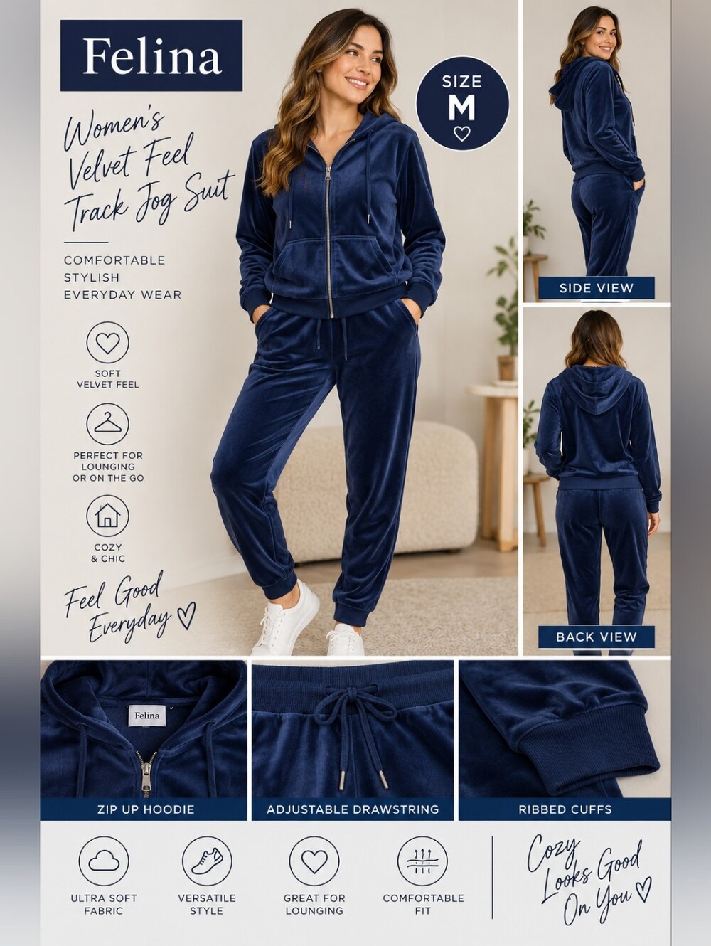 Felina Women's medium blue velvet feel track jog suit #29